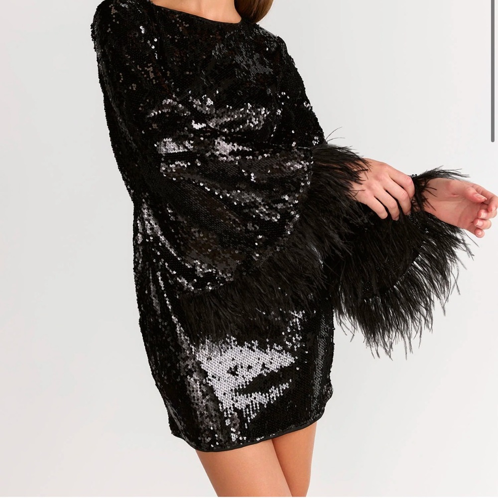 🖤NWT Black Sequin Dress with Feather Sleeves, size L